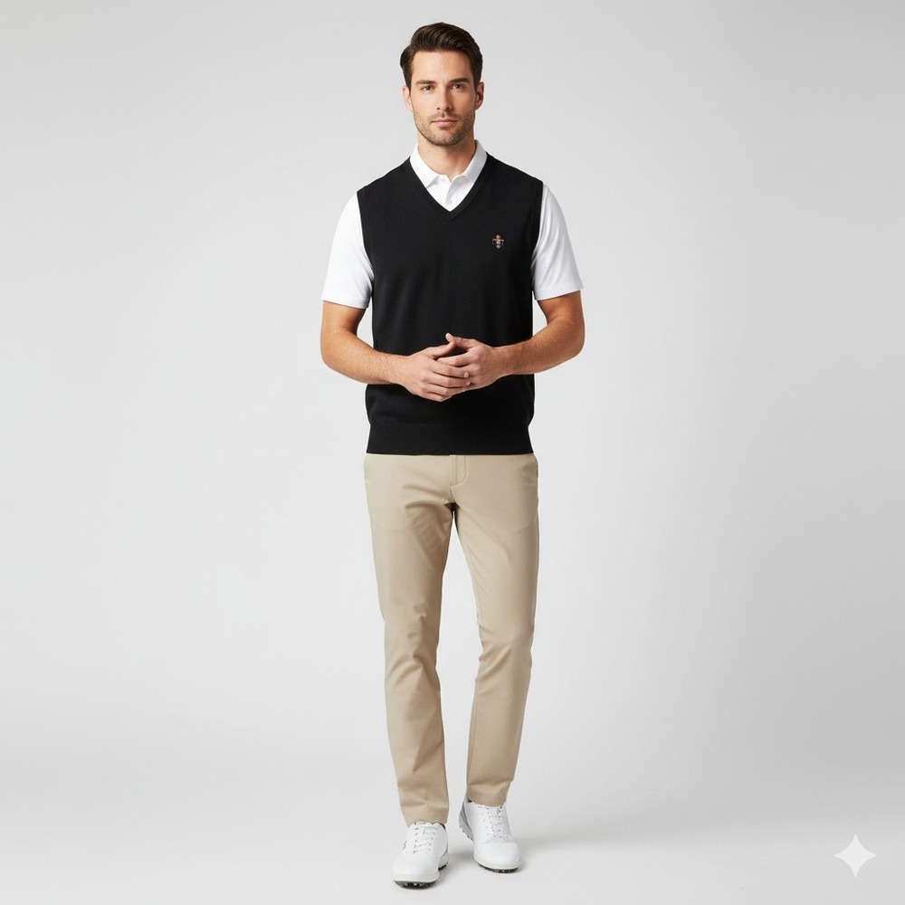 NWT Peter Millar Mens V-Neck Vest‎ Black Merino Wool Silk Thunderbird C.C. Logo